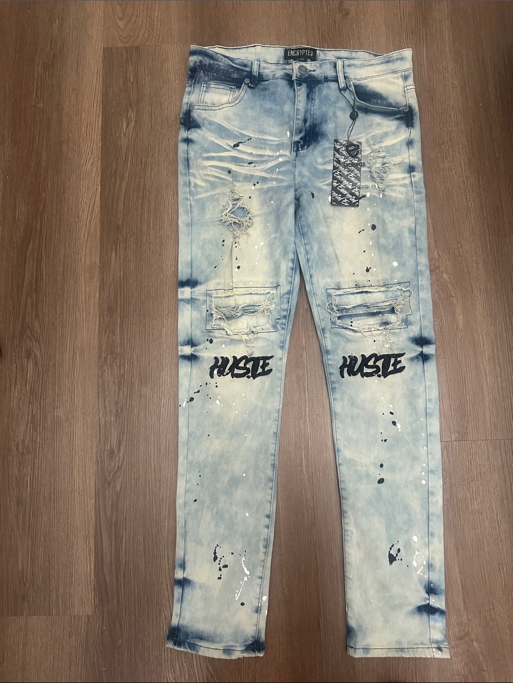 Encrypted Light Blue Distressed Skinny Jeans with 'Hustle' Graphic - Men